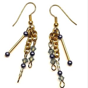 Blue and Gold Beaded Chain Earrings